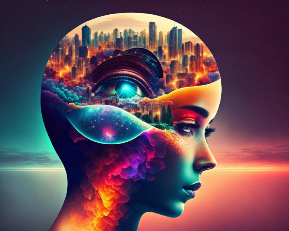 Profile silhouette with cityscape and cosmic elements in vibrant colors