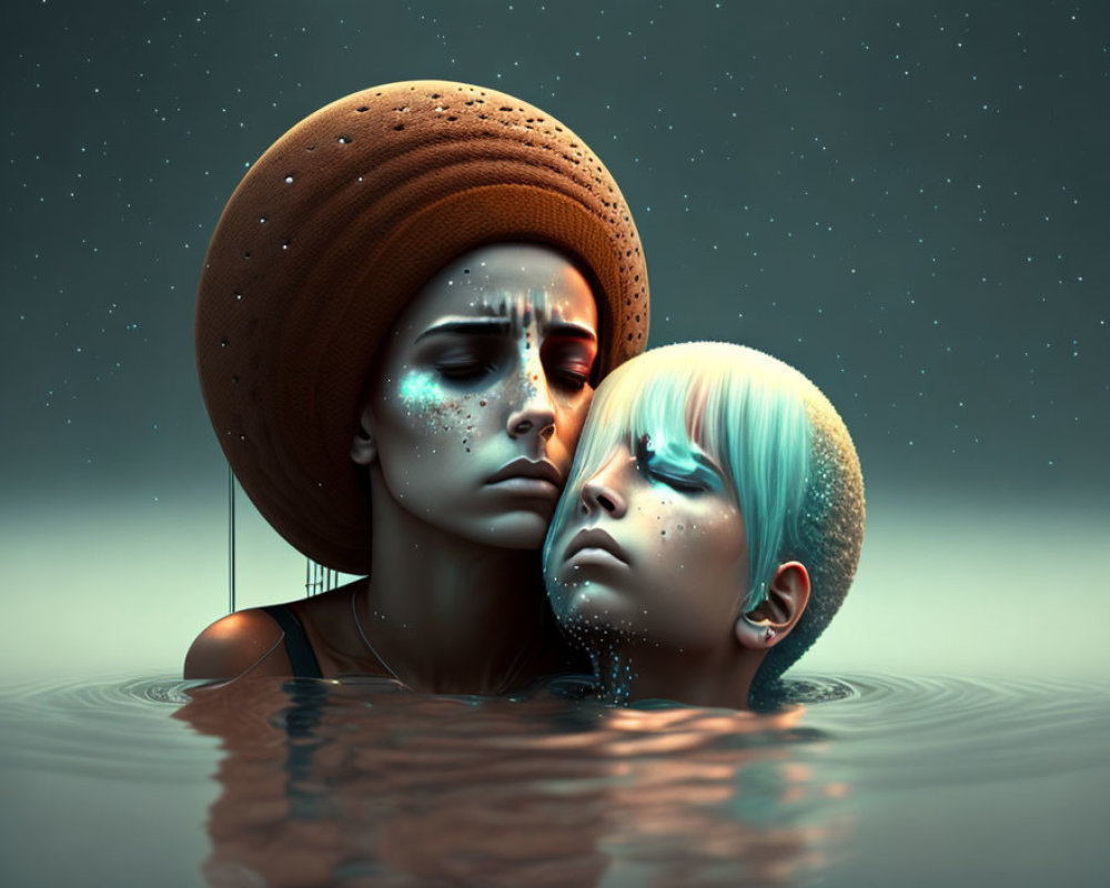 Stylized figures with serene expressions in water under starry sky