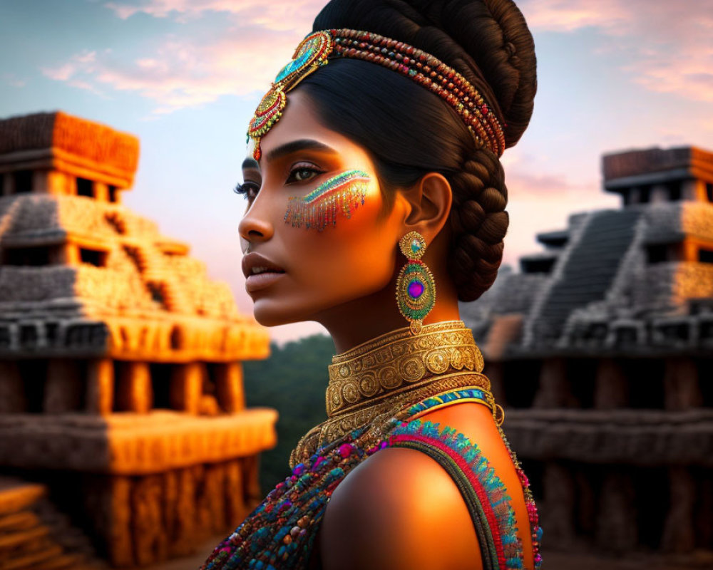Traditional jewelry-clad woman at ancient temple during sunset