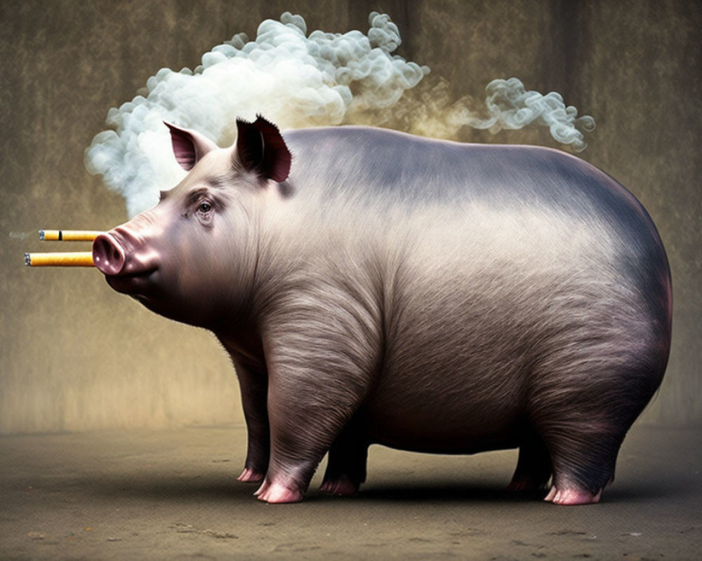 Corpulent pig with shiny coat holding two cigarettes in its snout on concrete floor