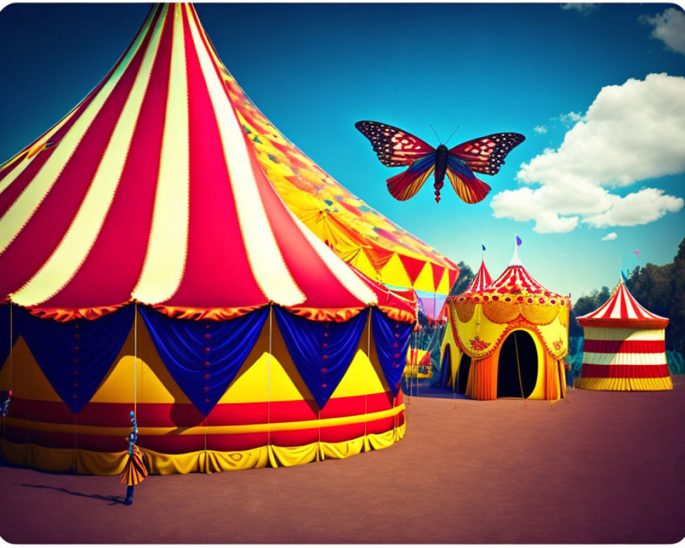 Vibrant circus tent with stripe patterns and giant butterfly under blue sky