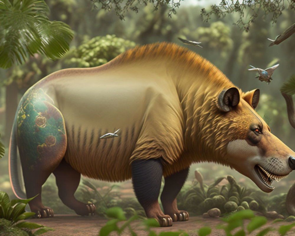 Large bear-like creature illustration with ecosystem inside - trees, birds, clear sky - walking in forest