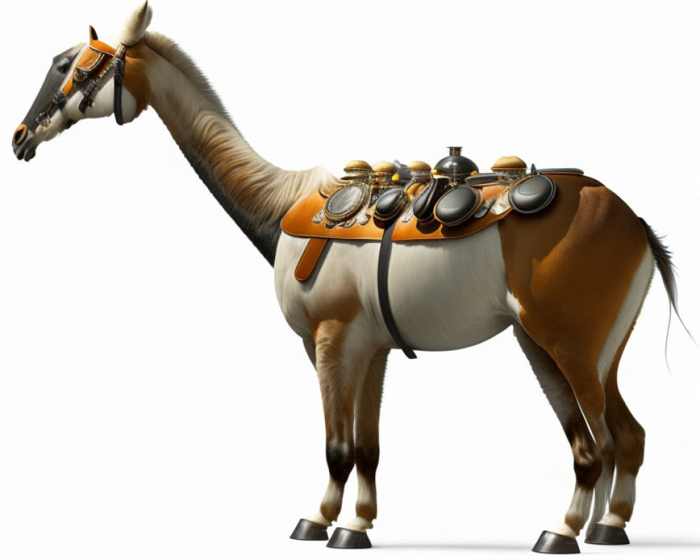 Quirky creature with giraffe head and horse body wearing saddle and cooking pots