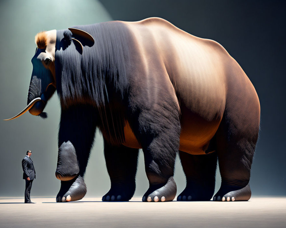 Man in suit beside fantastical mammoth-bull creature