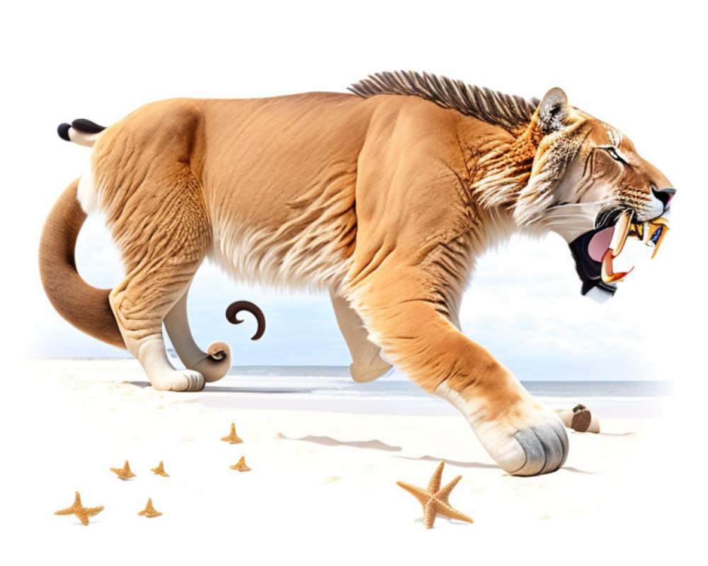 Surreal lion illustration on beach with starfish