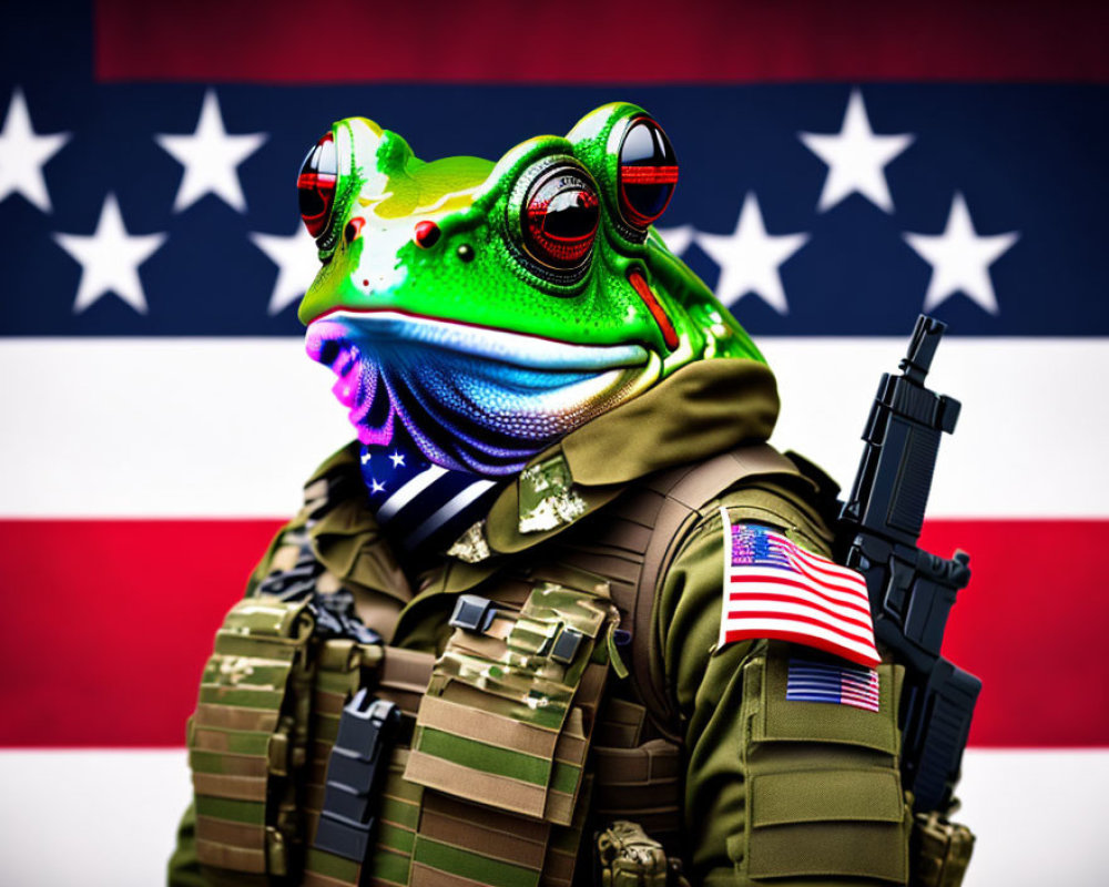 Stylized frog in military attire with American flag background