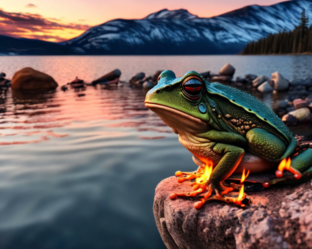 Digitally Enhanced Frog with Illuminated Eyes by Lake at Sunset
