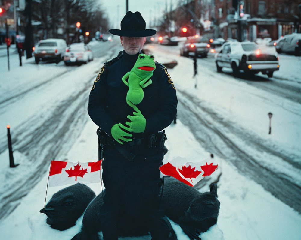 Police officer in winter gear with plush toy on snowy street, Canadian flags, and beaver sculpture.
