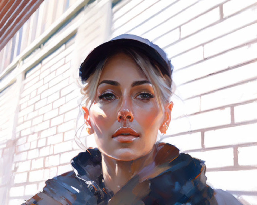 Woman in black cap and winter jacket against brick wall in sunlight