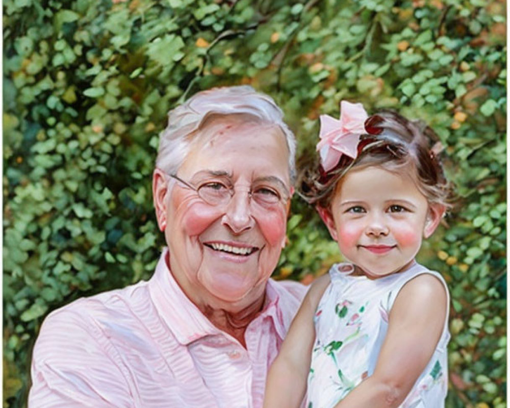 Elderly man with girl in front of greenery smiling.