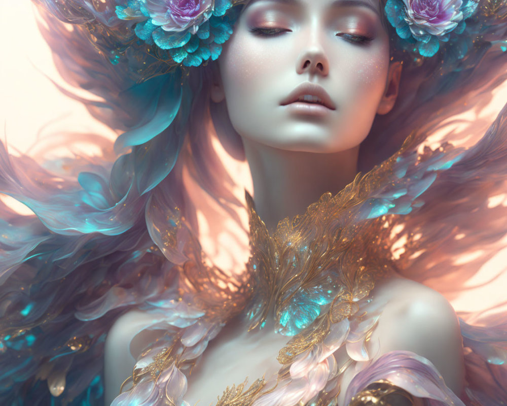 Ethereal portrait of a woman with gold adornments, teal feathers, and purple flowers