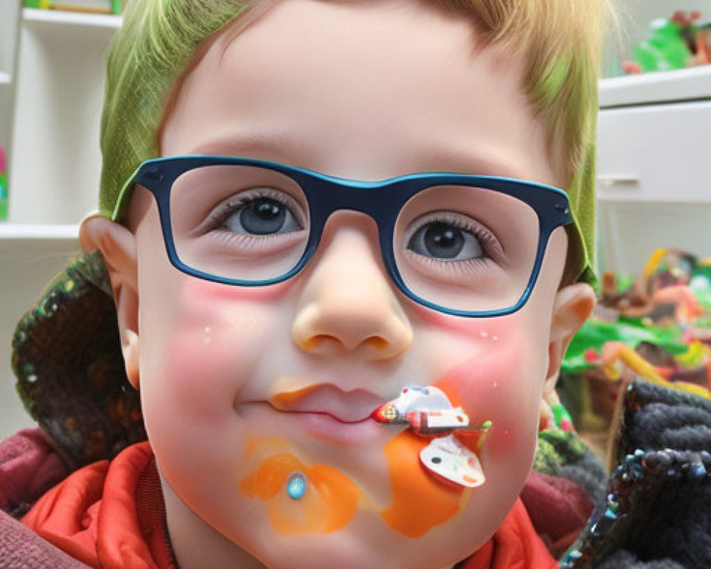 Whimsical oversized child's face with glasses in toy-filled room