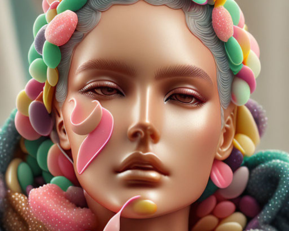 Surreal portrait with candy-like decorations and pastel colors