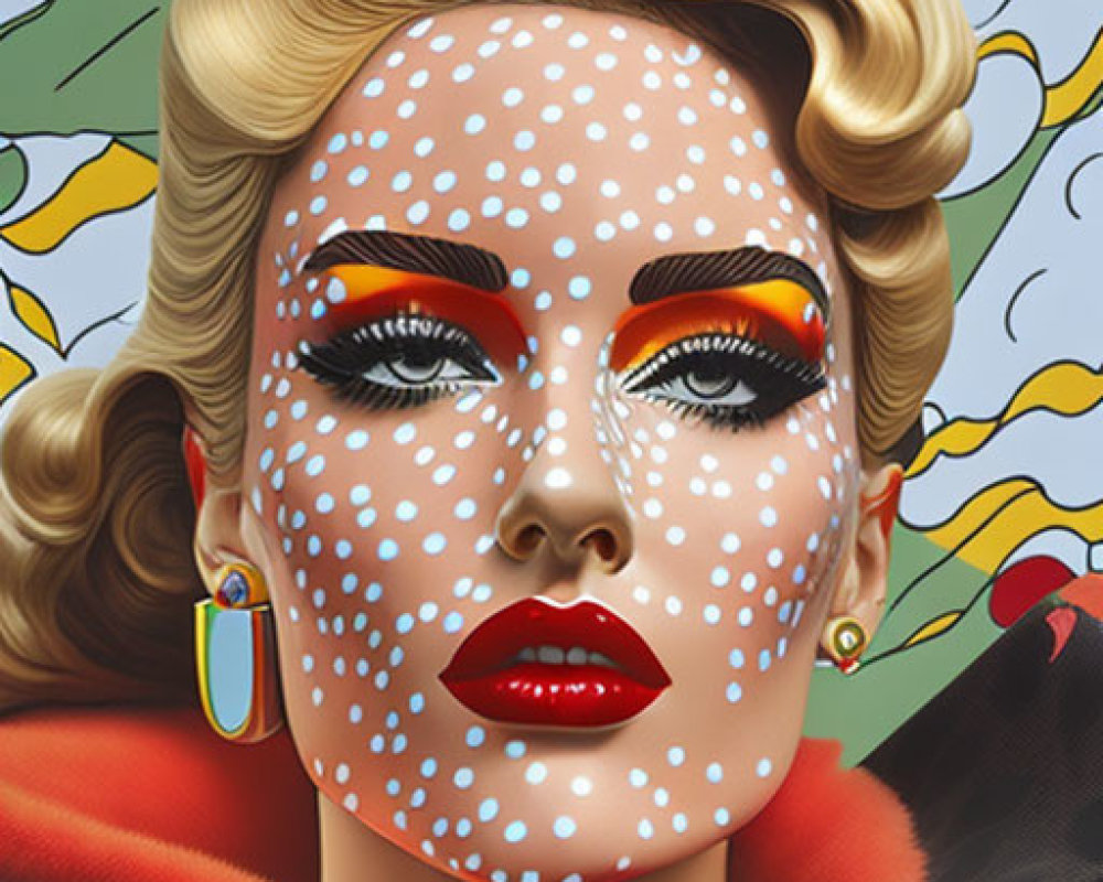 Stylized illustration of woman in red & white polka-dot makeup & attire