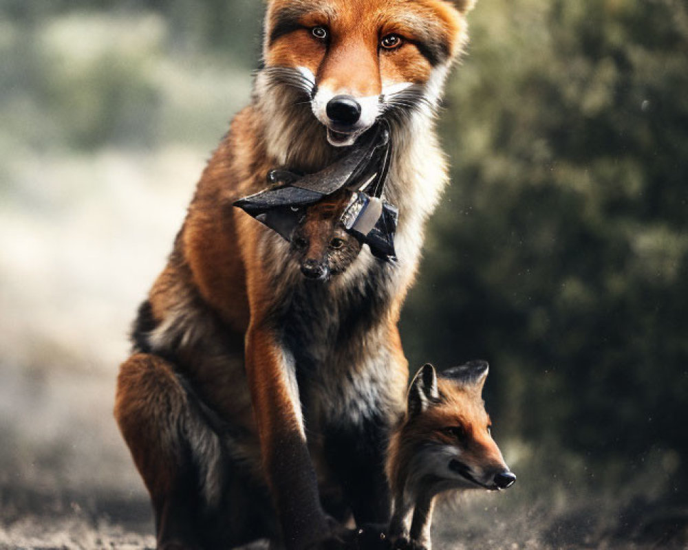 Adult fox and cub in mystical forest setting