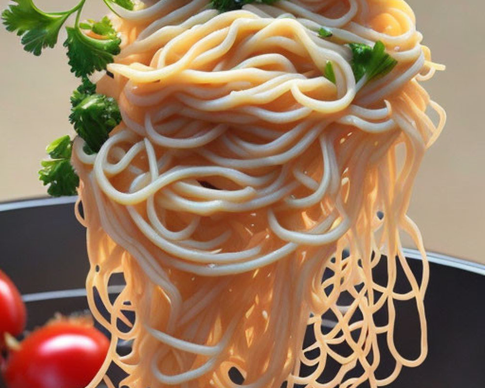 Spaghetti Fork Twirling Over Black Plate with Tomatoes