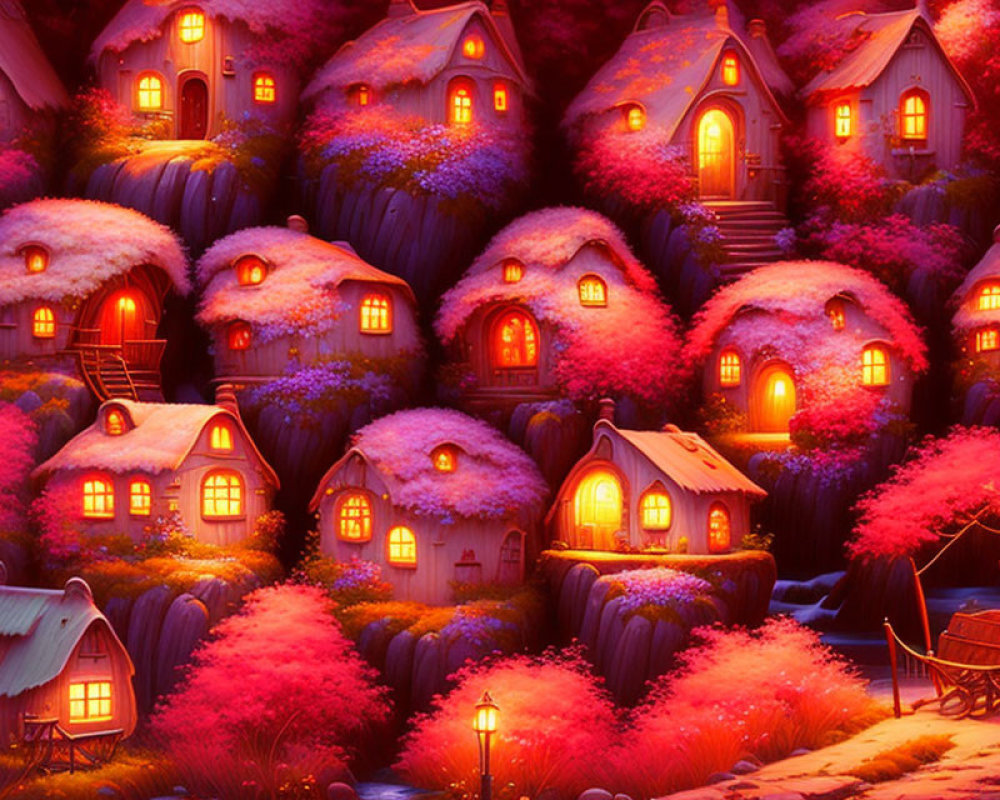 Whimsical village at dusk with cozy, hobbit-style houses among rolling hills and vibrant flora