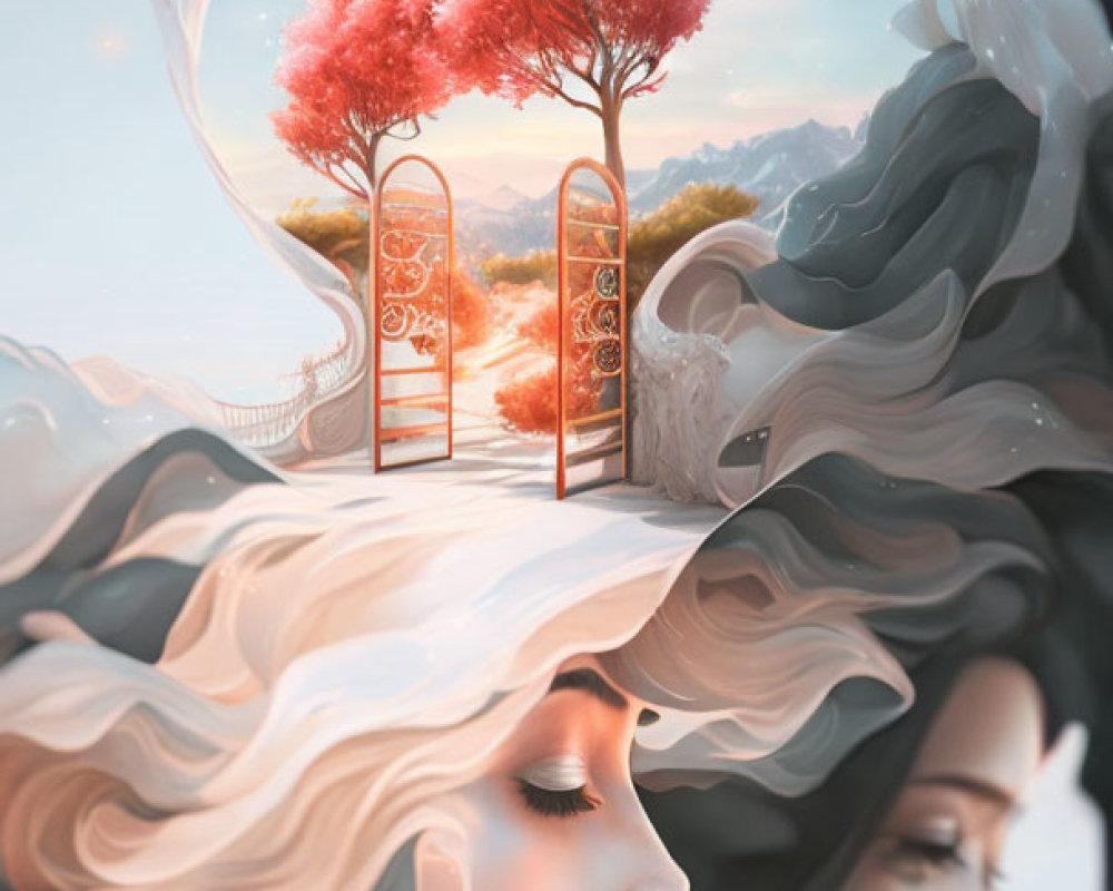 Surreal woman profile with flowing hair in scenic landscape