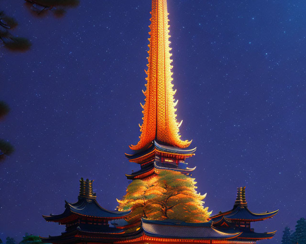Traditional illuminated pagoda and buildings by serene pond at night