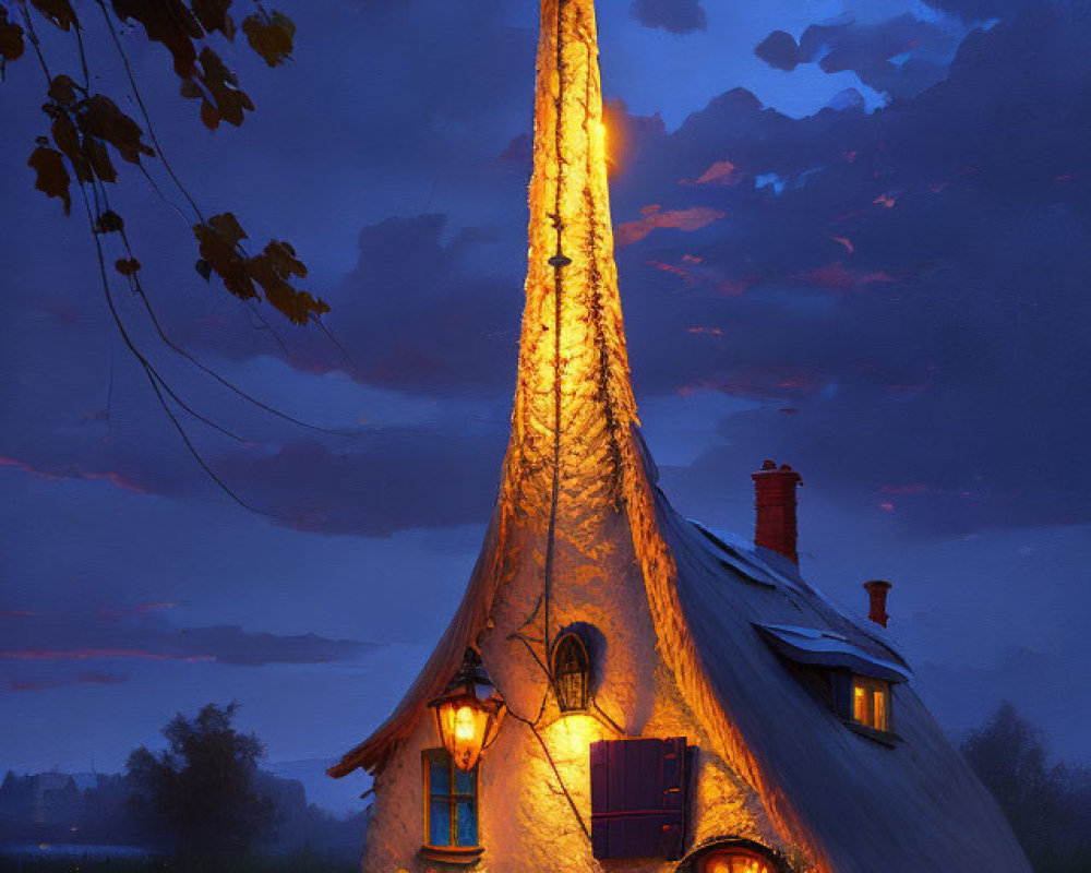 Enchanting Fairytale Cottage with Conical Roof Surrounded by Water and Greenery