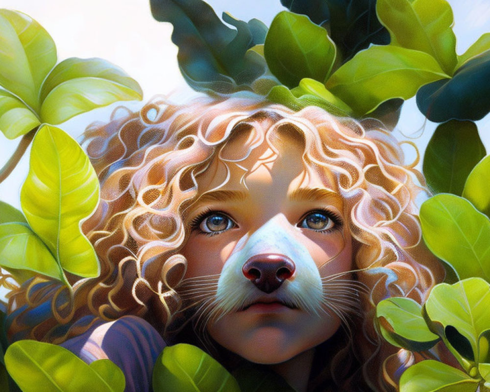 Digitally painted portrait of young girl with lion-like nose in lush green leaves