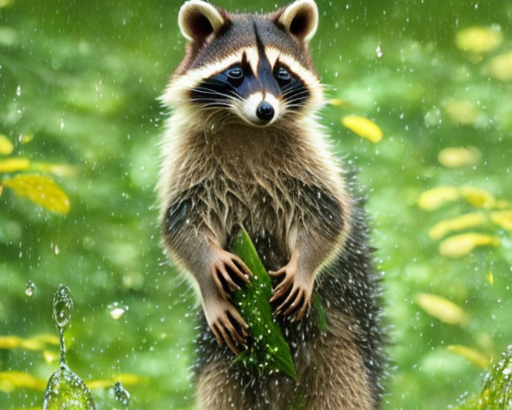 Raccoon standing in rain surrounded by greenery holding leaf