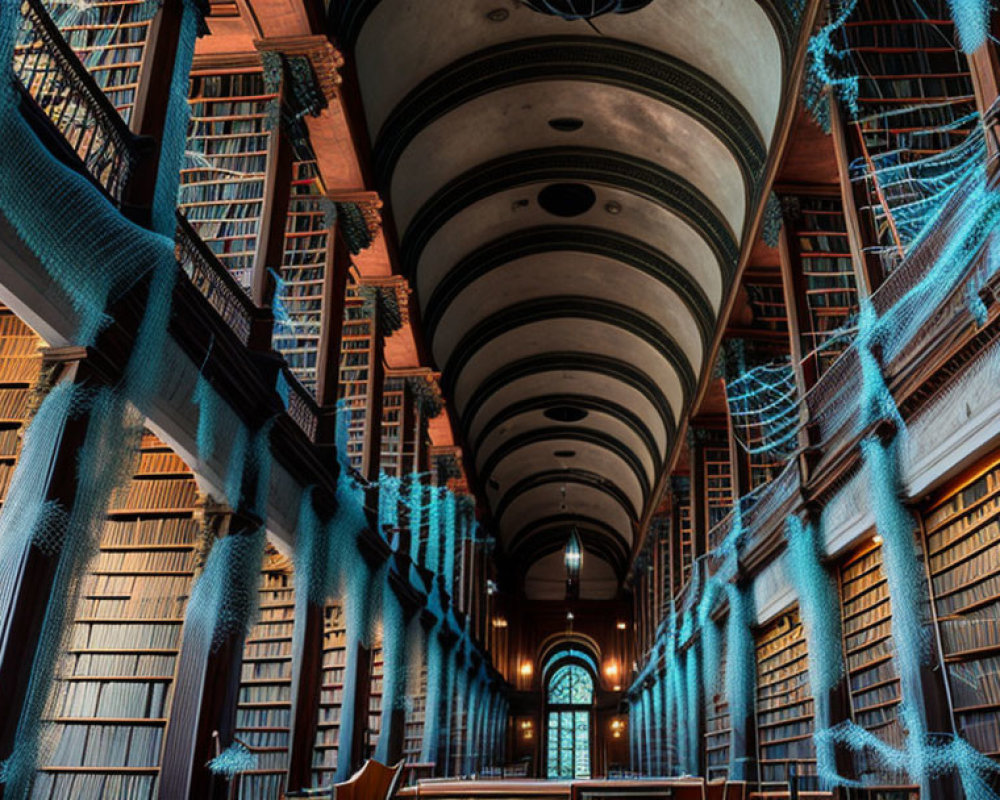 Vintage library with arched ceiling, wooden bookshelves, and blue light patterns