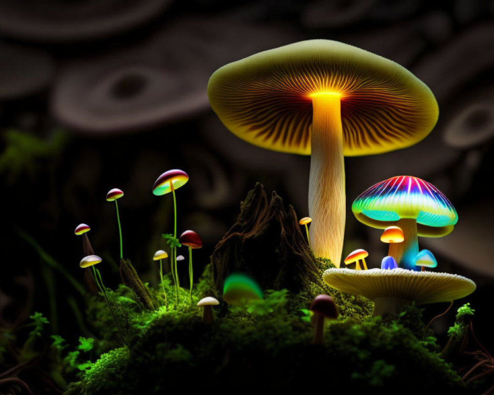 Colorful Glowing Mushrooms Among Forest Fungi