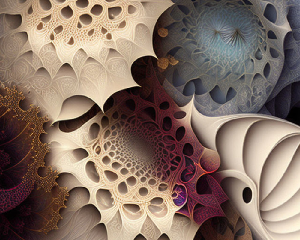 Intricate Fractal Image with Organic and Floral Motifs in Brown, Beige, Blue,