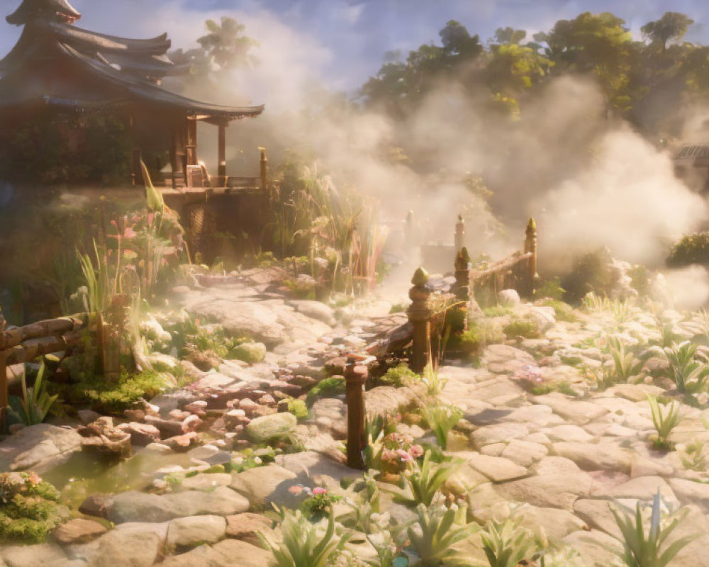 Tranquil Japanese garden with stone pathway and blooming flowers
