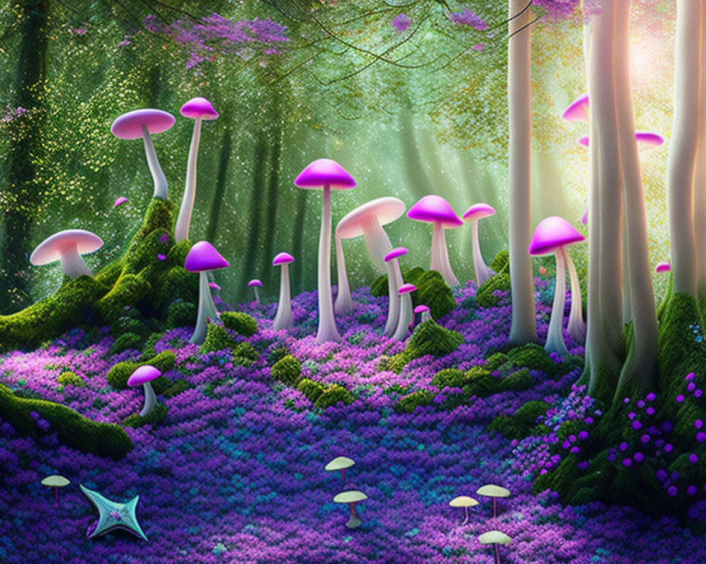 Vibrant forest scene with purple mushrooms, moss-covered trees, and sunlight beams