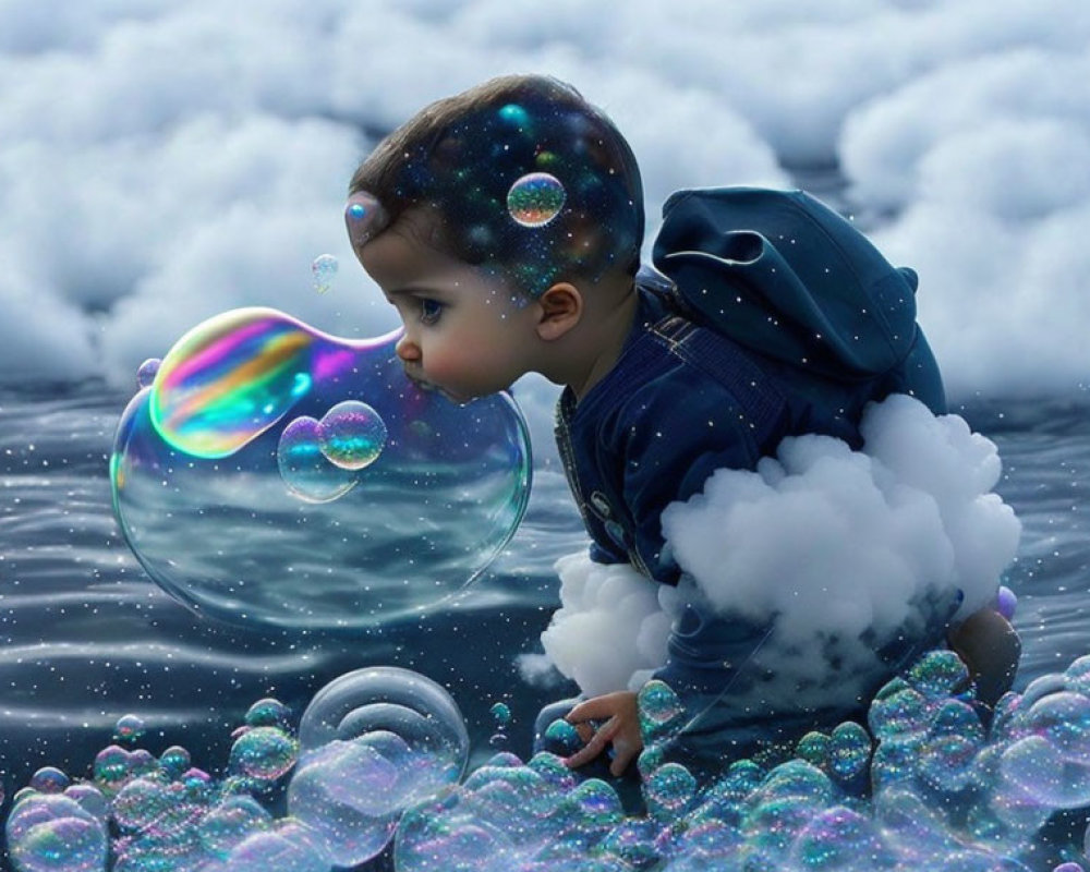 Child in Blue Outfit Amid Clouds and Bubbles Gazes at Iridescent Bubble