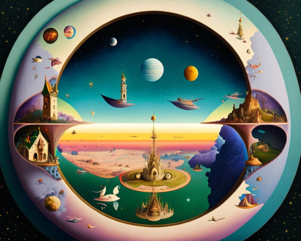 Surrealist fantasy landscape with planets, moons, flying ships, and whimsical buildings.