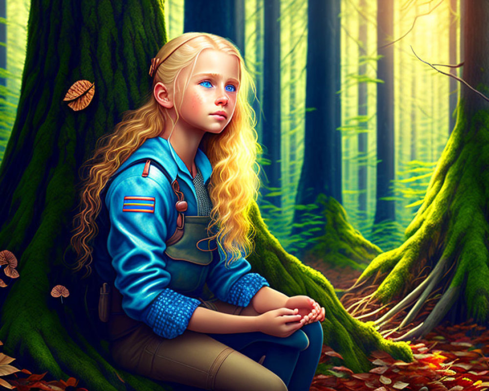 Blond Girl in Blue Jacket Sitting by Tree in Enchanted Forest