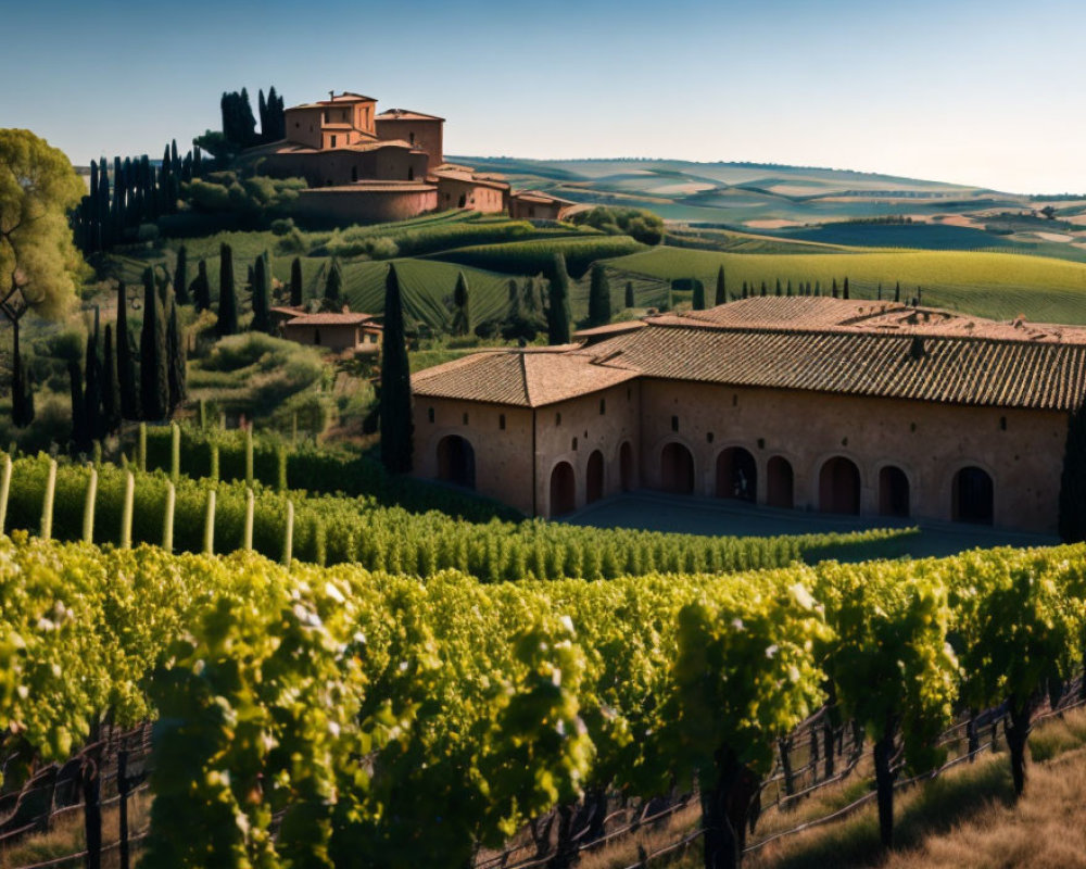 Tuscan landscape with vineyards, villas, and blue sky