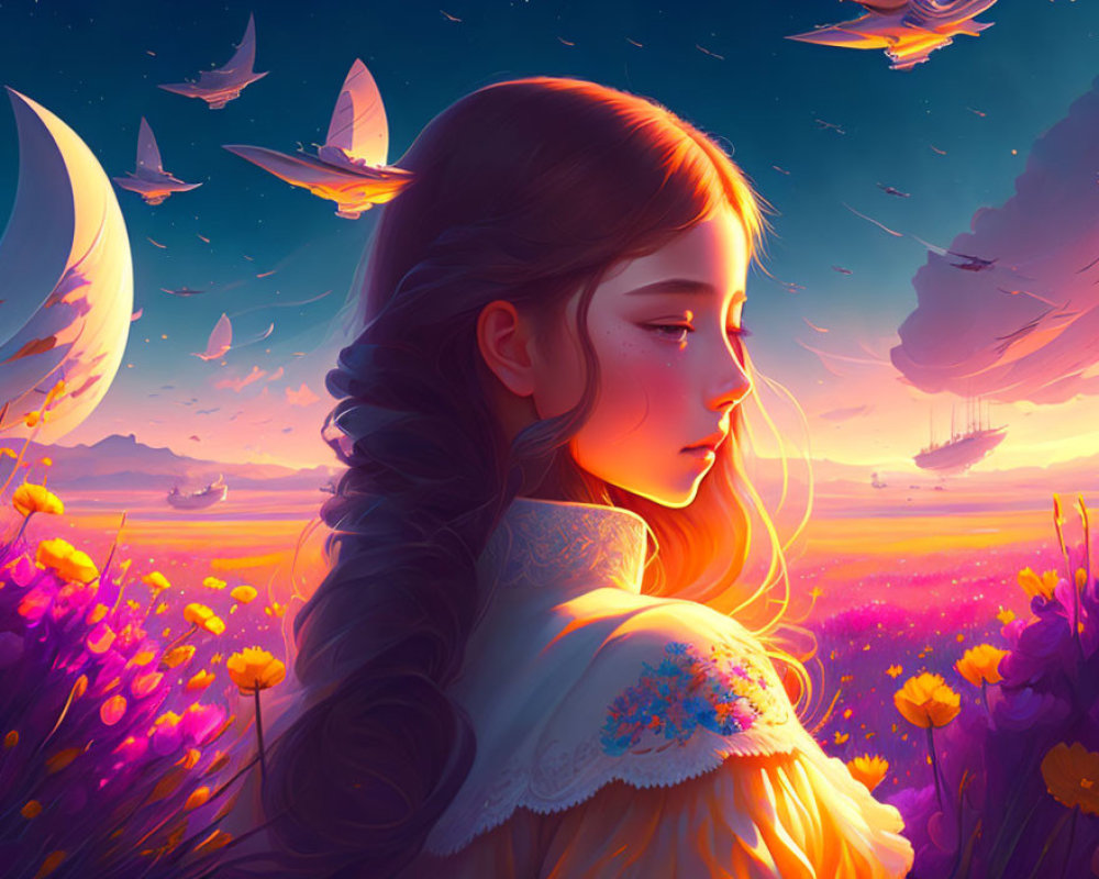 Girl with braid in fantasy sunset landscape with birds, flowers, and ships