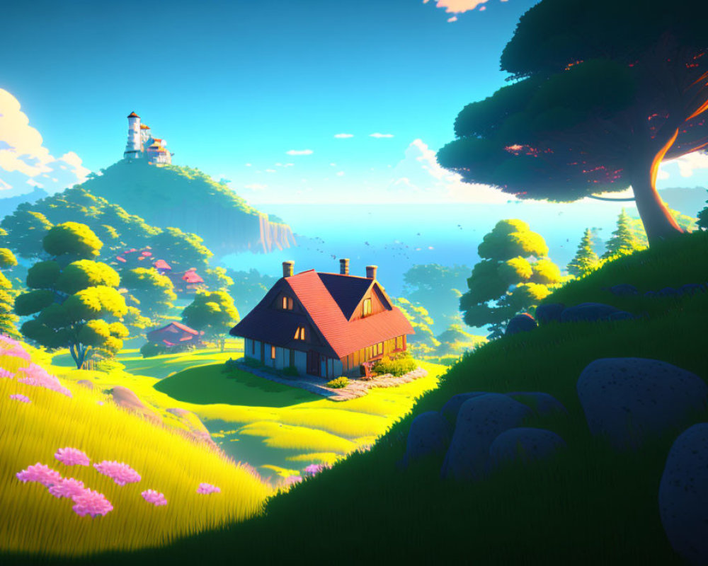 Tranquil countryside scene with cozy house, lush greenery, distant lighthouse, serene ocean,
