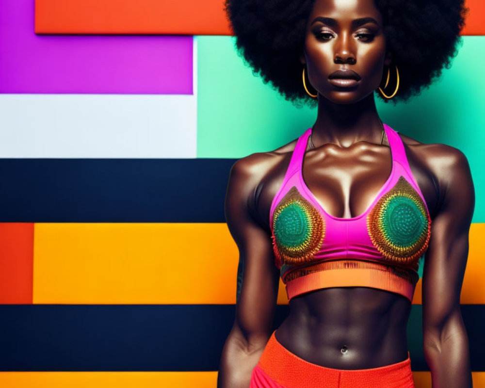 Voluminous Afro Woman Poses in Bright Sportswear Against Colorful Striped Backdrop
