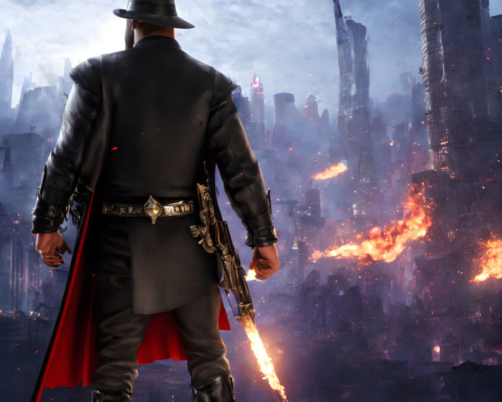 Character in Hat and Trench Coat Faces Fiery Dystopian Cityscape