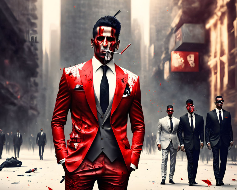 Stylized image of men in red suits with blood splatters in urban setting