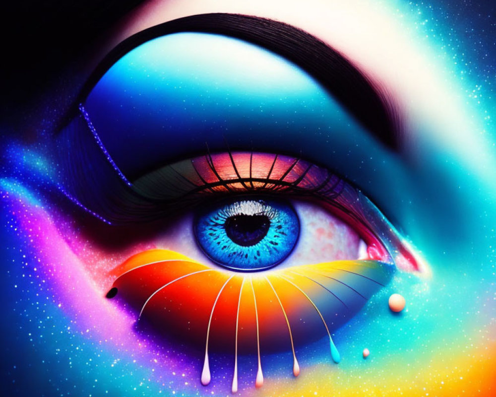 Colorful close-up eye with tear on cosmic starry background