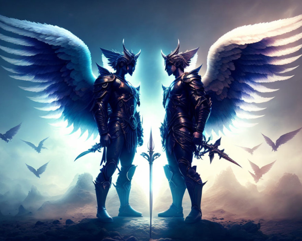 Symmetrical winged warriors in armor facing each other in mystical light with flying birds in misty,