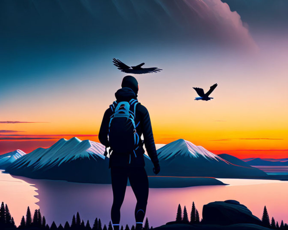 Traveler with backpack gazes at mountains, lake, and birds at sunrise or sunset