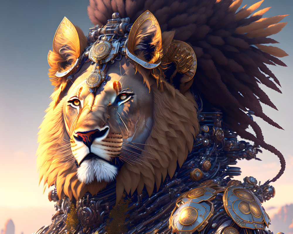 Regal lion with ornate armor and headdress in majestic display