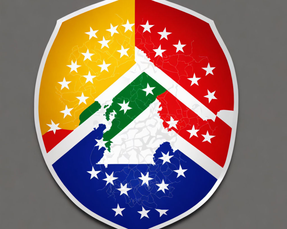 Shield-shaped emblem with yellow, red, green, and blue segments, white stars, and a cracked