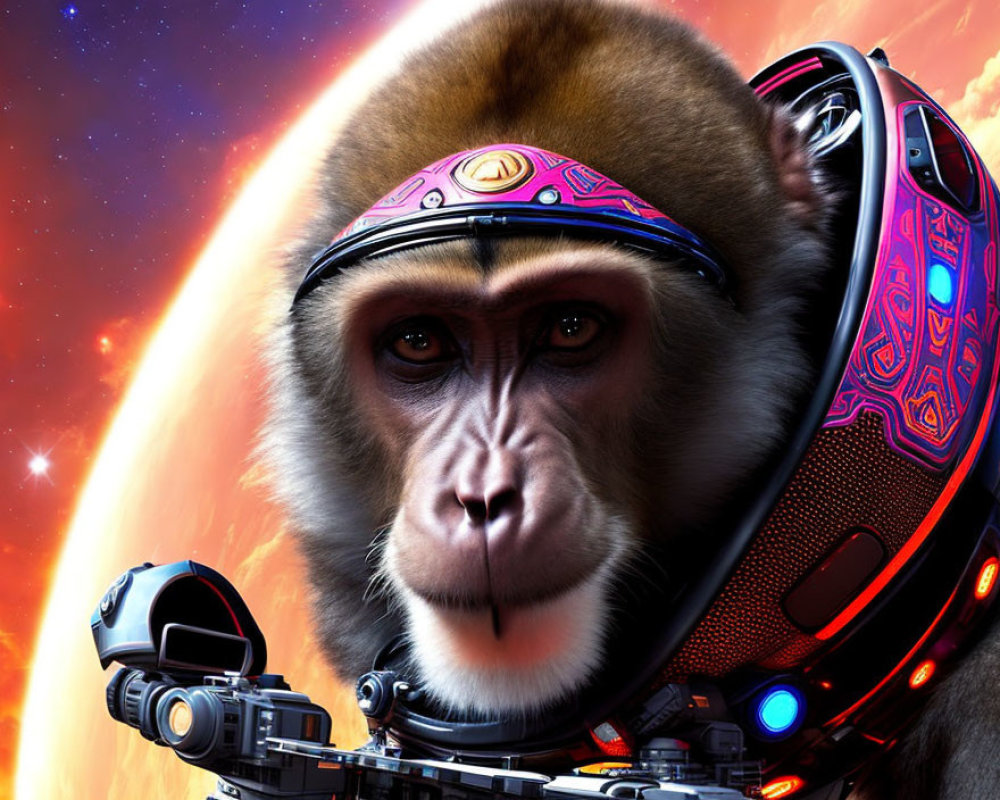 Futuristic armored monkey in space-themed digital art