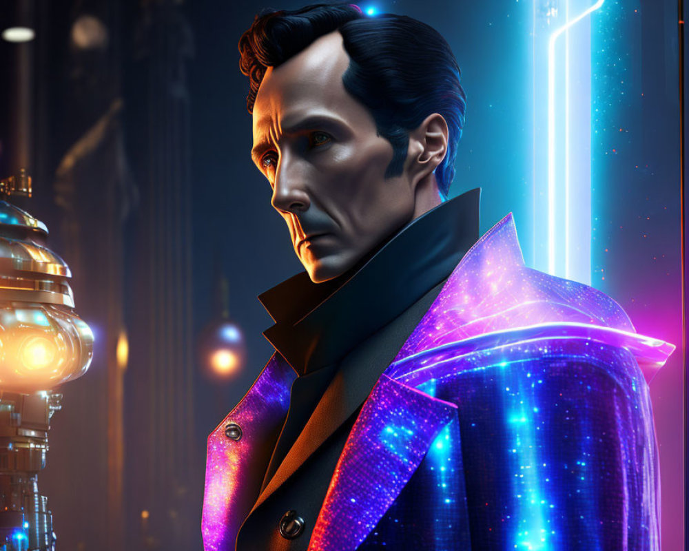 Male figure in futuristic glowing coat against neon-lit backdrop