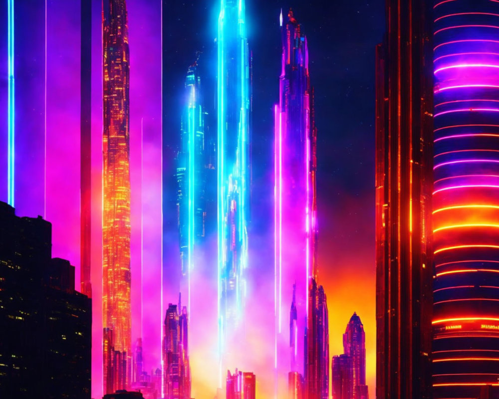 Futuristic cityscape at night with neon lights and skyscrapers