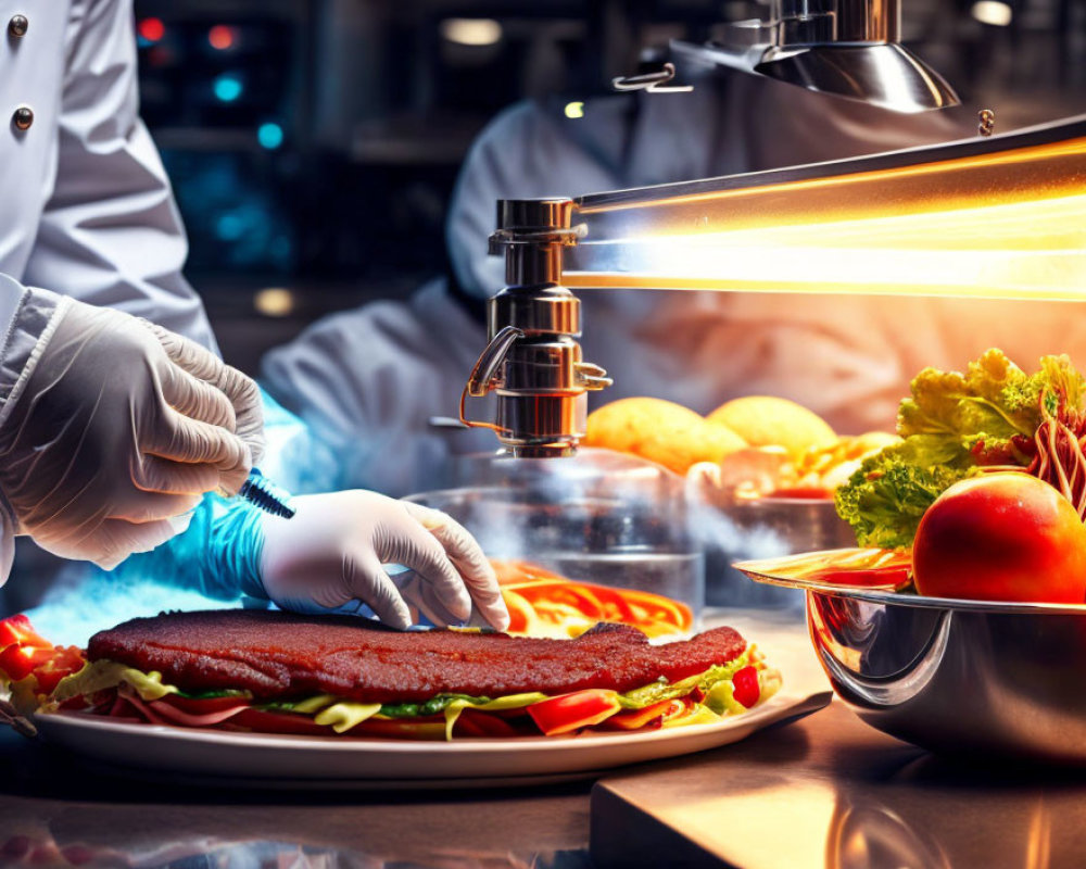 Chefs plating fresh vegetables and meat under heat lamp