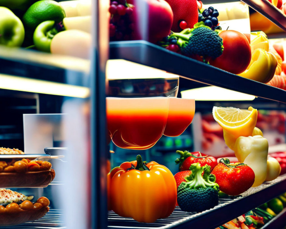 Colorful Fresh Fruits, Vegetables, and Juices in Refrigerator Display